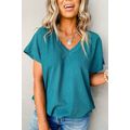Blue Sapphire Crinkled V Neck Wide Sleeve T-shirt