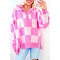 Pink Checkerboard Half Button Collared Drop Sho...