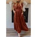 Chestnut Velvet Short Sleeve Shirred Waist Tier...