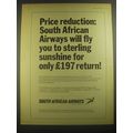 1967 South African Airways Ad - Price reduction: South Afrian Airways will fly