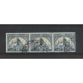 SouthAfrica.SG87 1 1/2d Gold Mine strip of 3.Fi...