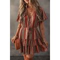 Red Bohemian Floral Print Buttoned V Neck Ruffl...