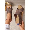 Coffee Criss Cross Cut Out PU Leather Wedge Sli...