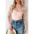 Apricot Pink Sheer Floral Lace Mesh Mock Neck L...