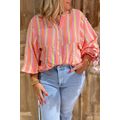 Pink Stripe Crinkled Half Buttons V Neck Plus S...