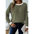 Moss Green Ribbed Contrast Cuffed Round Neck Lo...