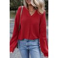 Racing Red Solid Textured Knit V Neck Drop Shou...