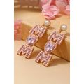 Light Pink Rhinestone Beaded Heart MOM Earrings