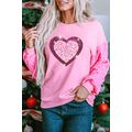 Pink Leopard Heart Graphic Sequin Patchwork Lon...
