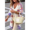 Beige Striped Long Sleeve Ribbed Trim Button Ca...