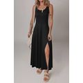 Black Sleeveless Scoop Neck Flared Split Midi D...