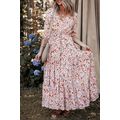 Red Boho Half Sleeve Floral V Neck Maxi Dress