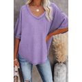 Purple Exposed Seam Half Sleeve Knitted V Neck ...