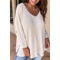 White Waffle Knit Side Slits Loose Fit V Neck Top