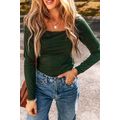 Blackish Green Solid Color Square Neck Long Sle...