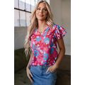 Rose Red Ruffled Sleeve Floral Blouse