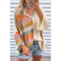 Beige Oversized Colorblock V Neck Hooded Sweater
