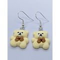 Cute Cream Teddy Bear with Brown Bow Charm Earrings. Silver Plated Fish Hooks