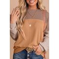 Khaki Color Block Long Sleeve Ribbed Loose Top