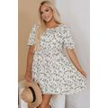 Beige Floral Puff Short Sleeve Empire Waist Min...