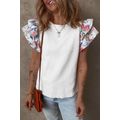 White Abstract Print Tiered Ruffled Sleeve Text...