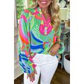 Green Abstract Print Ruffled Sleeve Buttoned V ...