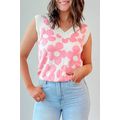 Pink Cute Flower Knitted V Neck Tank Top