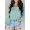 Green Loose Fit Ribbed V Neck Hoodie