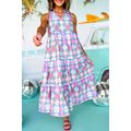 Sky Blue Floral Print Frilly Neck Sleeveless Ti...