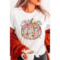 White Floral Pumpkin Print Cotton Blend T Shirt