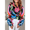 Black Abstract Print Ruffled Sleeve Buttoned V ...