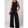 Black Cinched Waist Sleeveless Wide Leg Jumpsuit