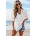 White Embroidered Lace Patchwork Tie Neck Puff ...