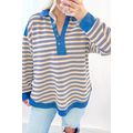 Blue Stripe Buttoned V Neck Collared Drop Shoul...