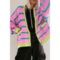 Pink Stripe Colorblock Drop Shoulder Buttoned L...