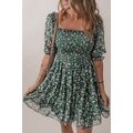 Green Smocked Square Neck Puff Short Sleeve Flo...