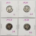 Silver Mercury Dimes 1917, 1920, 1923, 1928 Coi...