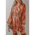 Orange Boho Paisley Print Long Sleeve Pleated B...