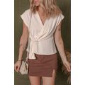 White Surplice V Neck Knotted Ruched Short Slee...