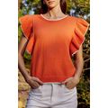 Russet Orange Contrast Trim Ruffle Sleeve Knitt...