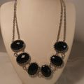 Silver Bib Necklace Black Oval Facets Double Ca...