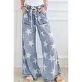 Light Blue Star Print Light Wash Drawstring Hig...