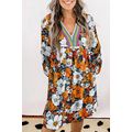 Orange Floral Print Striped Lace V Neck Long Sl...