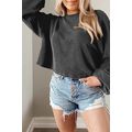 Black Cording Drop Shoulder Puff Sleeve Casual ...