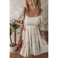 Beige Embroidered Flower Smocked Bust Half Puff...