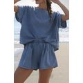 Light Blue Denim Cuffed Sleeve Tee Elastic Shor...