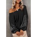 Black Sequin Patchwork Sleeve Open Back Waffle ...