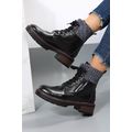 Black Knitted Patched Lace-up Heeled Ankle Boots