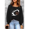 Black Rugby Print Square Neck Puff Sleeve Waffl...