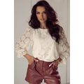 Oatmeal Flower Jacquard Button Back Ruffled 3/4...